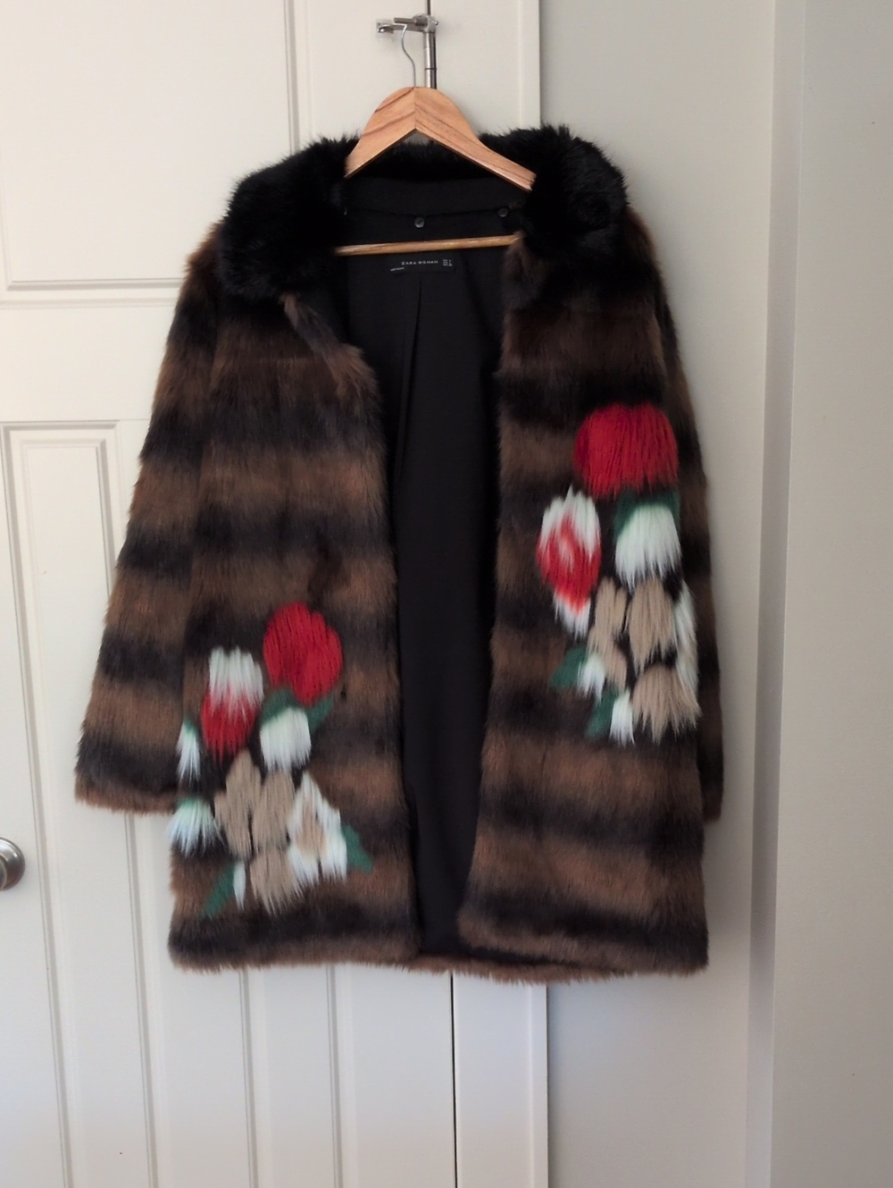 Zara Brown Striped Fur Coat with Red and Green Floral Accents
